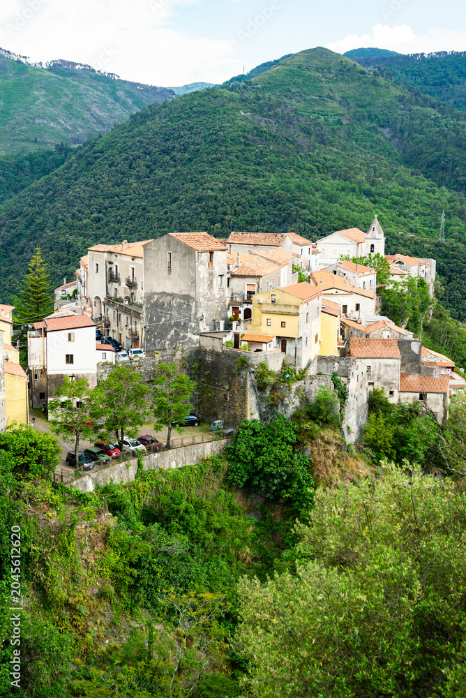 Fototapeta premium Tortora village houses on cliff edge. Old town of Tortora, Italy,