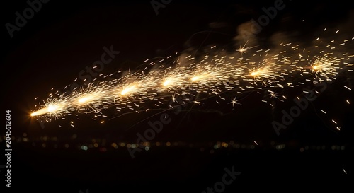 Sparkling fireworks light up night sky.