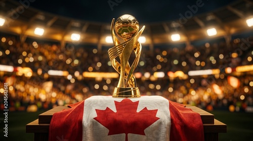 Golden Soccer Trophy on Canadian Flag in a Crowded Stadium