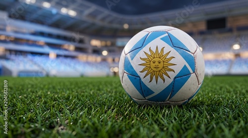 Uruguay National Football Team Soccer Ball on Professional Stadium Grass Pitch