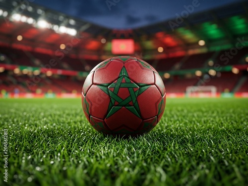 Morocco Flag Soccer Ball on Grass in Stadium