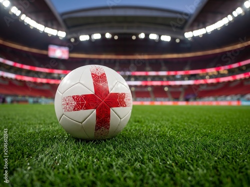 English Soccer Ball on Green Stadium Pitch at Night