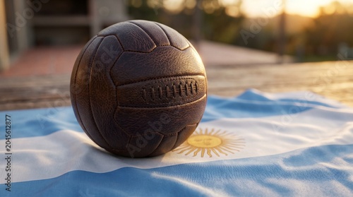 Vintage Leather Soccer Ball on Argentina National Flag at Sunset