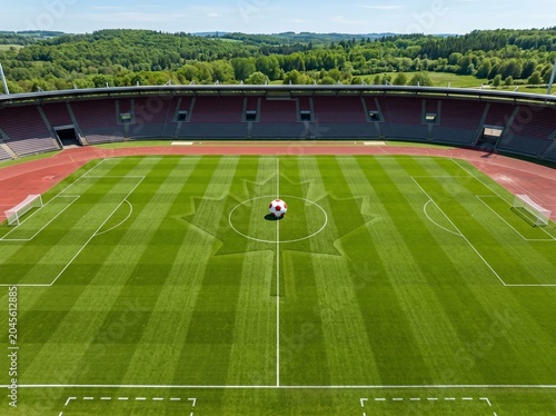 Aerial View of Soccer Stadium with Maple Leaf Pitch Design and Soccer Ball