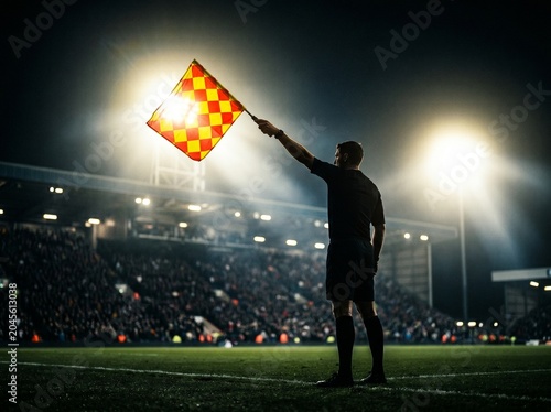 Soccer Assistant Referee Raising Flag in Stadium at Night