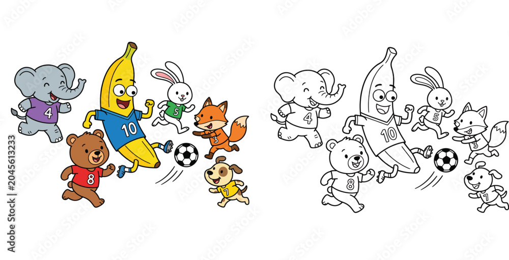 Obraz premium Adorable Animal and Banana Soccer Team Playing Football - Fun Sports Illustration for Kids