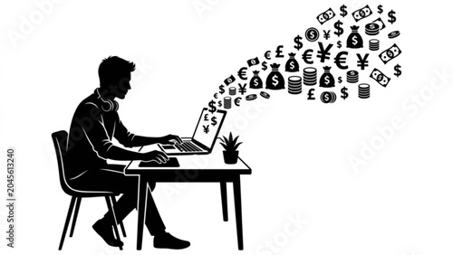 Tableau sur toile Online Earning Concept – Black Silhouette Vector of Freelancer Working on Laptop