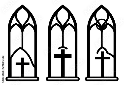 Set of architectural gothic church windows with crosses isolated