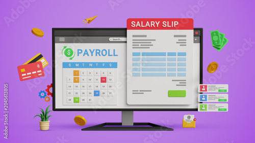 Payroll Management System. Salary Slip, Employee Compensation, HR Software, Wage Calculation, Pay Slip Processing, Fintech, Workforce Administration. Computer with Payroll Cycle Interface Screen. 3D