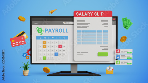 AI Payroll System. Salary Data, Payroll Cycle, Budgeting Graphs, Salary Slip. Digital Finance Management Concept. Payroll, Calendar and Salary Slip on Computer Screen. 3D Render