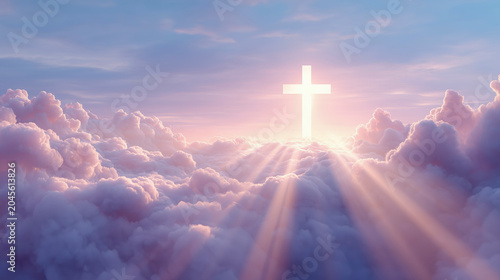 Majestic glowing christian cross suspended high in the pink and blue sky above a dense layer of fluffy white clouds with bright sunbeams breaking through