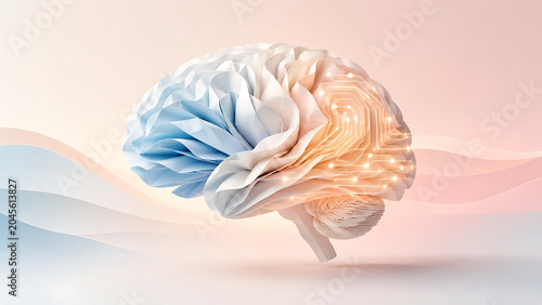 Digital Human Brain with Blue and Orange AI Neural Network Light Effects