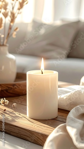 A serene living room scene with a lit candle on a wooden tray