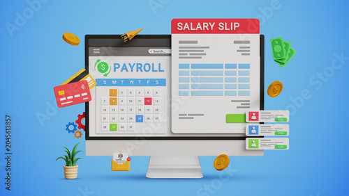 AI Payroll System. Salary Data, Payroll Cycle, Budgeting Graphs, Salary Slip. Digital Finance Management Concept. Payroll, Calendar and Salary Slip on Computer. 3D Render