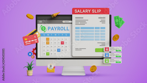 Payroll Management System. Salary Slip, Employee Compensation, HR Software, Wage Calculation, Pay Slip Processing, Fintech, Workforce Administration. Computer with Payroll Cycle Interface. 3D Render