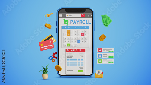 AI Payroll System. Salary Data, Payroll Cycle, Budgeting Graphs, Salary Slip. Digital Finance Management Concept. Payroll, Calendar and Salary Slip on Smartphone. 3D Render