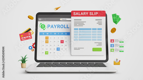 Payroll Management System. Salary Processing, Salary Automation, Payment Scheduling, Online Payroll Software, Fintech, Digital HR Solutions. Payroll Cycle Dashboard with Salary Slip on a Laptop. 3D