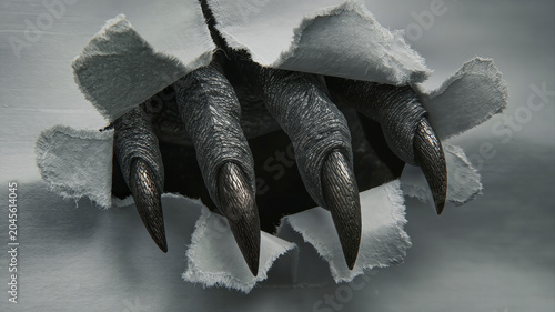 Monster claws with long black nails tearing through paper. Horror and creature concept.
