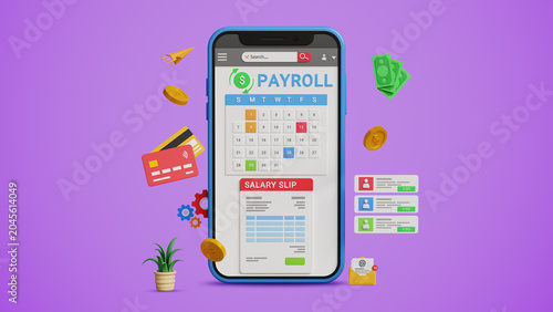 Payroll Management System. Salary Slip, Employee Compensation, HR Software, Wage Calculation, Pay Slip Processing, Fintech, Workforce Administration. Smartphone with Payroll Cycle Interface. 3D Render