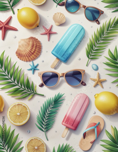 Seamless summer pattern with sunglasses, popsicles, lemons, seashells, palm leaves, flip flops and starfish on sandy background for seasonal designs