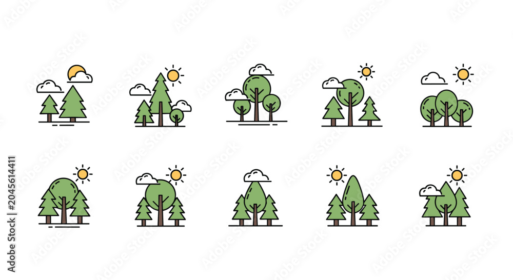 Fototapeta premium Simple flat icons of various tree types with sun and cloud elements representing different forest landscapes for nature themed designs.