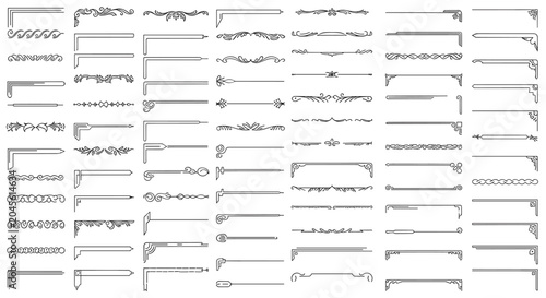 Comprehensive collection of elegant decorative border ornaments, dividers, and corner elements for formal document and book design.
