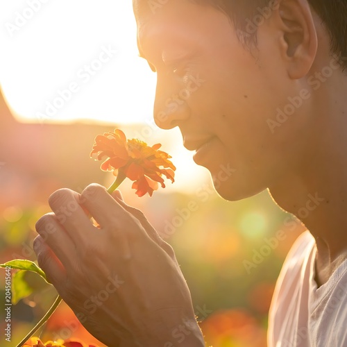 A serene moment of a person smelling a vibrant orange flower