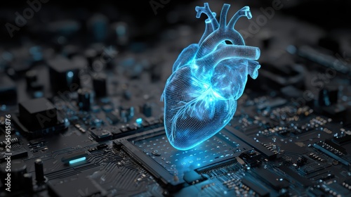 Digital hologram of a human heart floating above a computer motherboard representing biometric healthcare technology and futuristic medical innovation concept