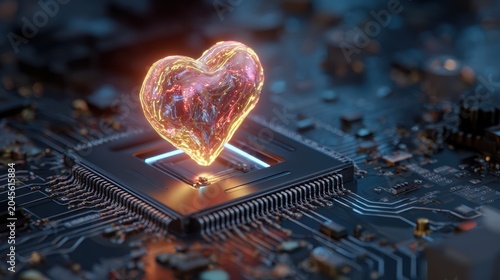 Futuristic digital heart hologram displaying love and technology themes over a microchip circuit board with glowing effects and high-tech ambiance.