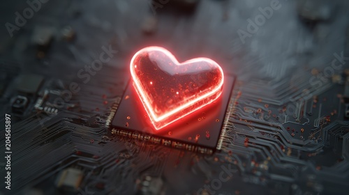 Close-up of illuminated red neon heart shape resting on a dark electronic circuit board representing love for technology and digital connections with vibrant glow.
