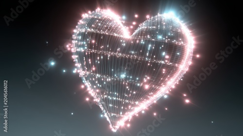 Vibrant Heart Shape Made of Digital Light Particles with Glowing Sparkles and Dynamic Illumination Against Dark Background for Love and Celebration Themes