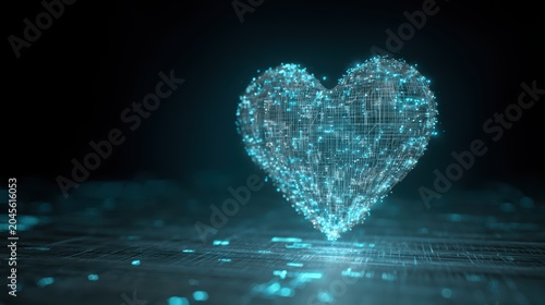 Digital Heart Made of Glowing Data Points and Light Effects, Concept of Technology, Love, Connectivity, and Data Visualization in a Futuristic Style