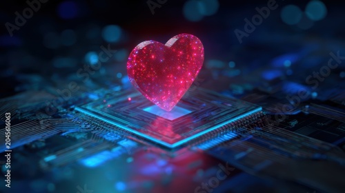 Digital Heart Technology Concept with Glowing Red Heart Symbol on Circuit Board Background for Future Innovation and Electronic Health Visualization