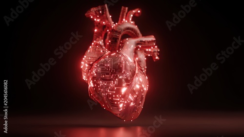 Futuristic Heart Shape with Circuitry and Neon Lights, Symbolizing Technology, Innovation, and Artificial Intelligence in a Digital Age