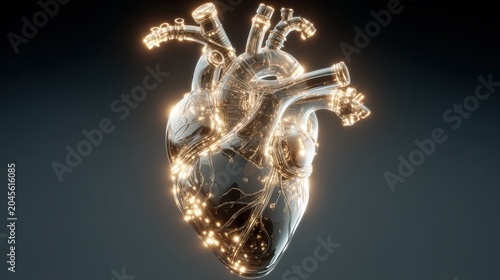Futuristic Anatomical Heart Model with Glowing Lighting Effects and Reflective Surface, Symbolizing Cardiovascular Health, Medical Technology, and Innovation