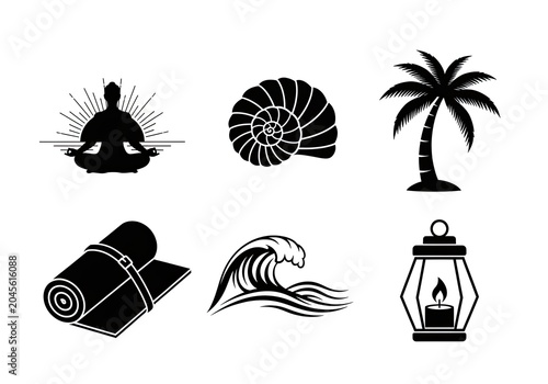 Minimalist black wellness icons including yoga and nature elements.