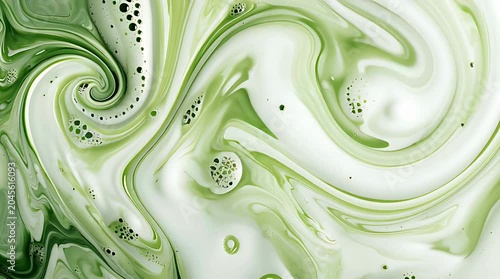 Abstract background of swirling green matcha tea and creamy white milk.