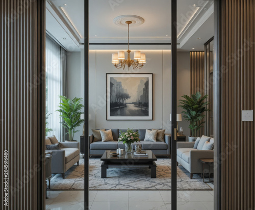 Modern luxury apartment interior with glass walls, elegant furnishings and natural light, premium residential design.