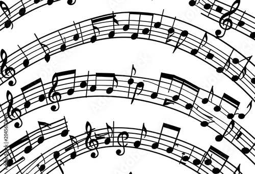 Black and white background pattern of wavy music staves and notes