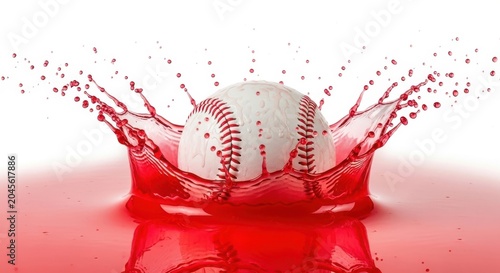 Baseball splashing into vibrant red liquid with dynamic crown splash, isolated on white background