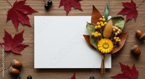 Autumnal flat lay with blank card and dried flowers