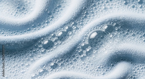 Closeup of blue fabric with soap bubbles