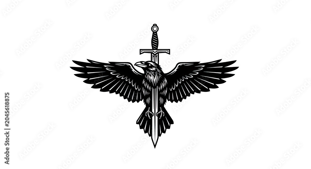 Fototapeta premium Raven with outstretched wings and sword emblem illustration.