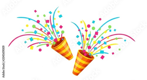 Party poppers with colorful confetti isolated on white background