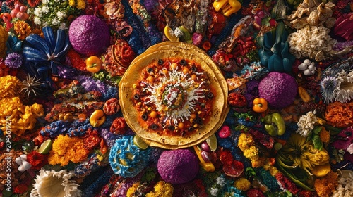 Vibrant Food Art Arrangement with Colorful Flowers and Vegetables