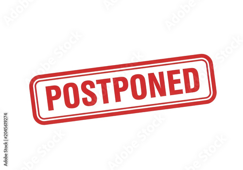 Postponed red rubber stamp icon, rectangular ink seal with postponed text, cancelled event notification symbol on white background