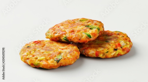 Three Delicious Vegetable Fritters, Golden Brown, Isolated on White Background