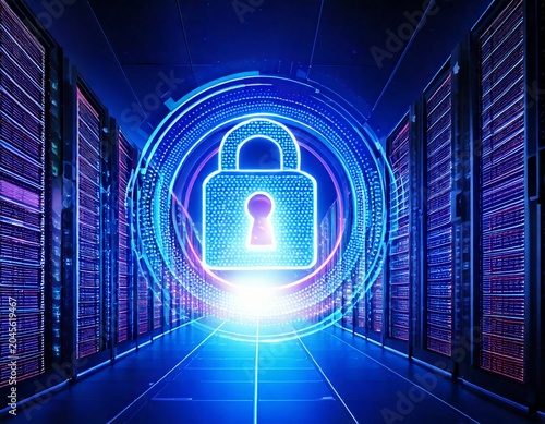 Glowing digital padlock protecting data server racks in a futuristic cyber security concept