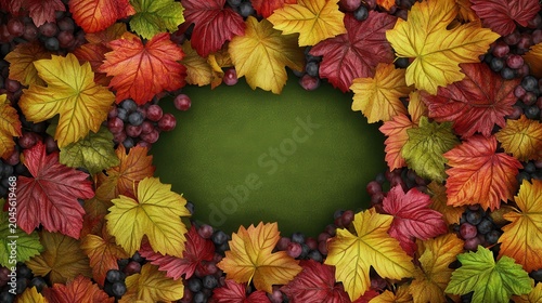 Autumnal Grapevine: Vibrant Leaves and Berries Frame a Green Oval Space