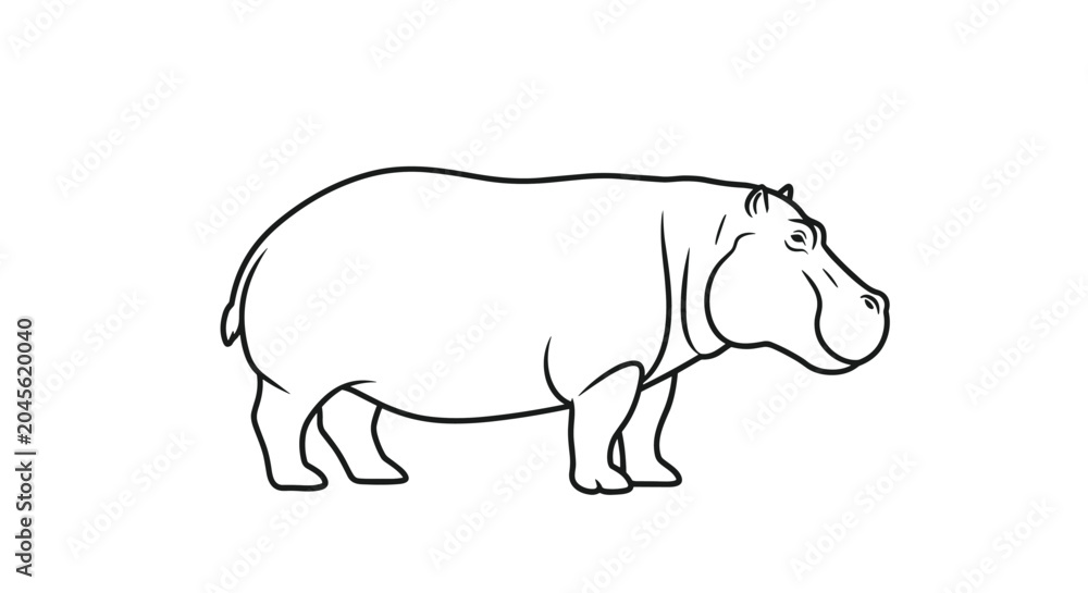 Obraz premium Minimalist line art drawing of a hippopotamus in profile, showcasing its heavy build and unique facial features for zoo or wildlife-related projects.